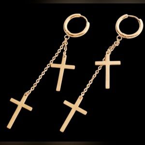 J15. 18K Gold Plated - Cross Dangle Hoops - NEW IN BOX - No Cancels